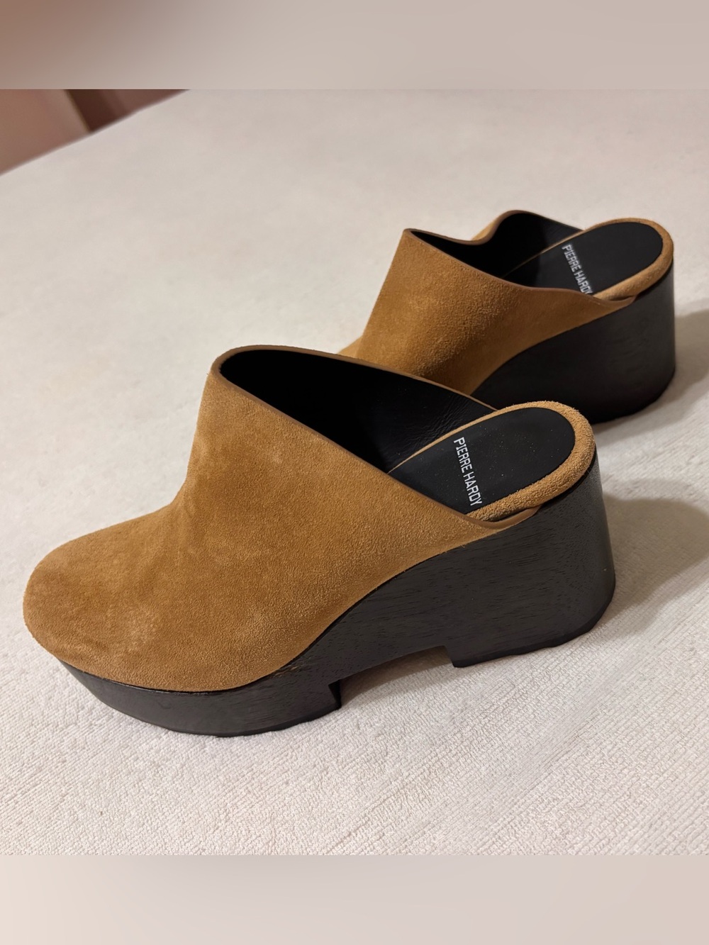 Pierre Hardy Light Brown Suede Platform Wooden Clogs 37.5